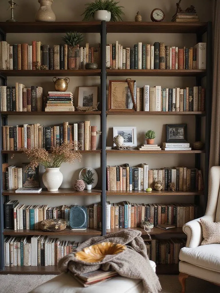 Cozy living room bookshelf styled with a mix of books, framed photos, plants, and decorative objects.