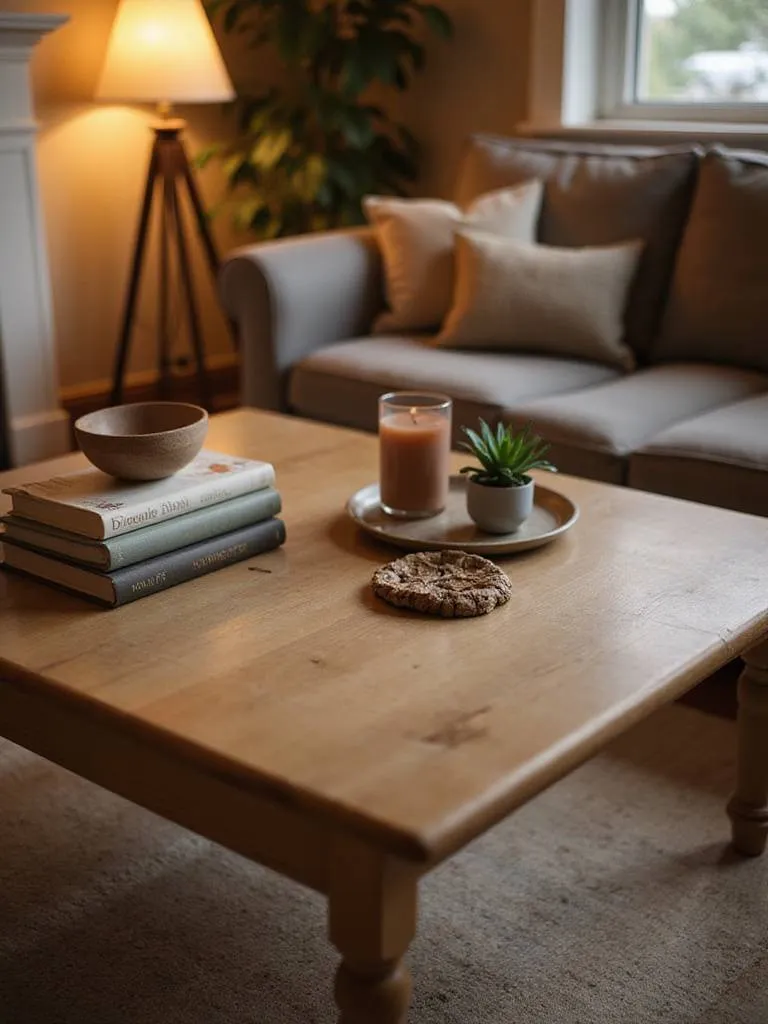 Cozy living room coffee table styled with books, a plant, candle, and tray under warm lighting.
