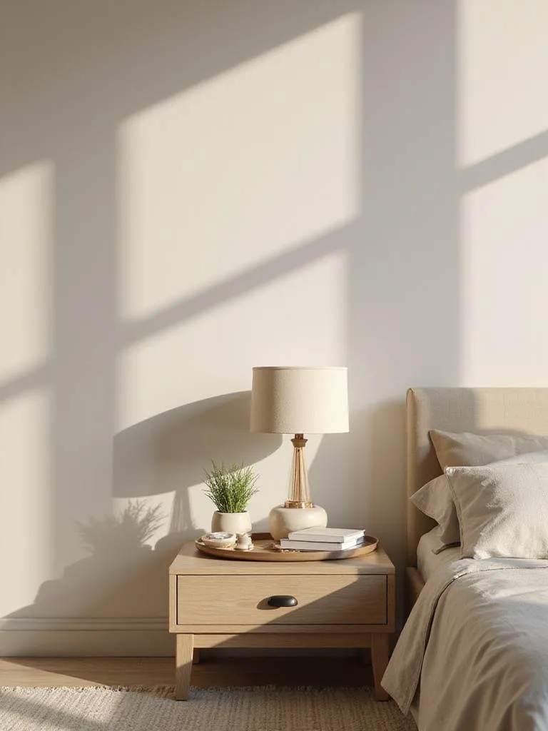 Styled beige bedroom nightstand with lamp, books, plant, and tray for a serene look.