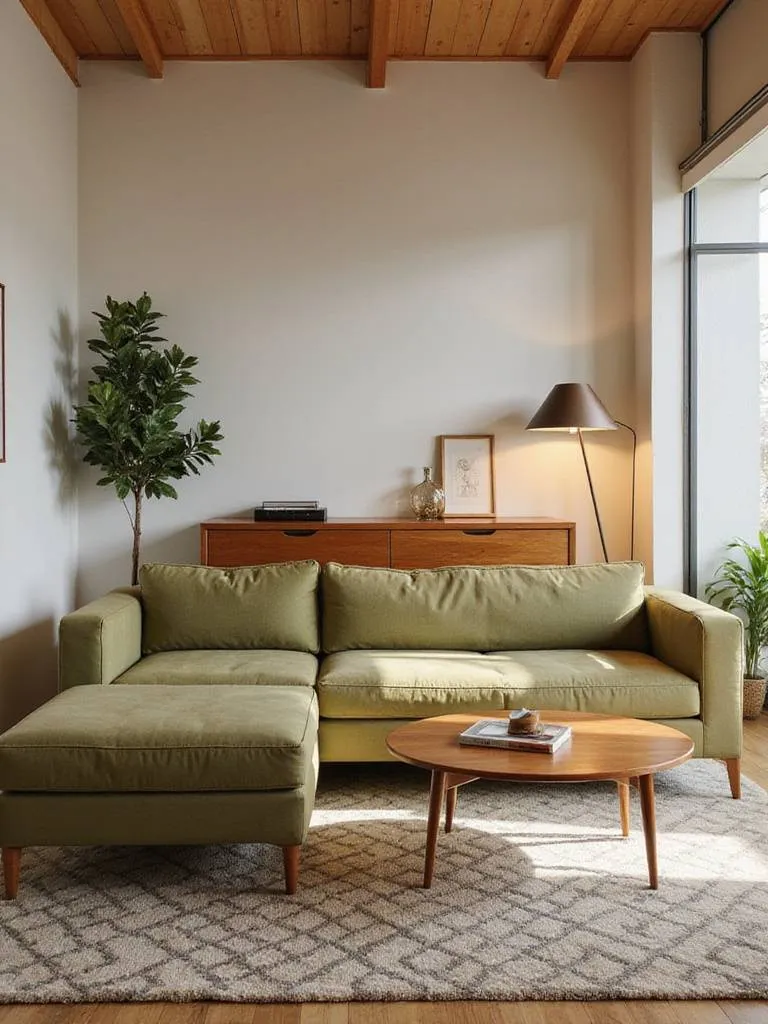 Mid-Century Modern living room with a green sectional sofa, geometric rug, and walnut coffee table, illustrating how couch style matches room vibe.
