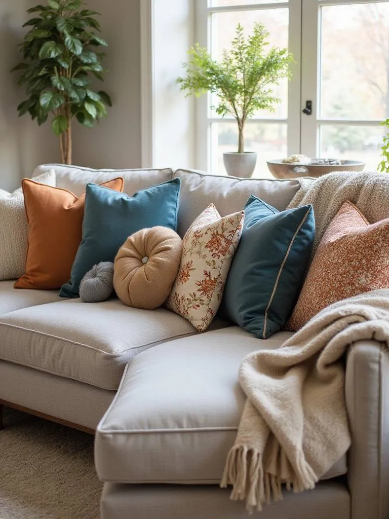 A stylish living room couch adorned with an assortment of decorative pillows and a throw blanket, showcasing the power of textiles in enhancing comfort and decor.