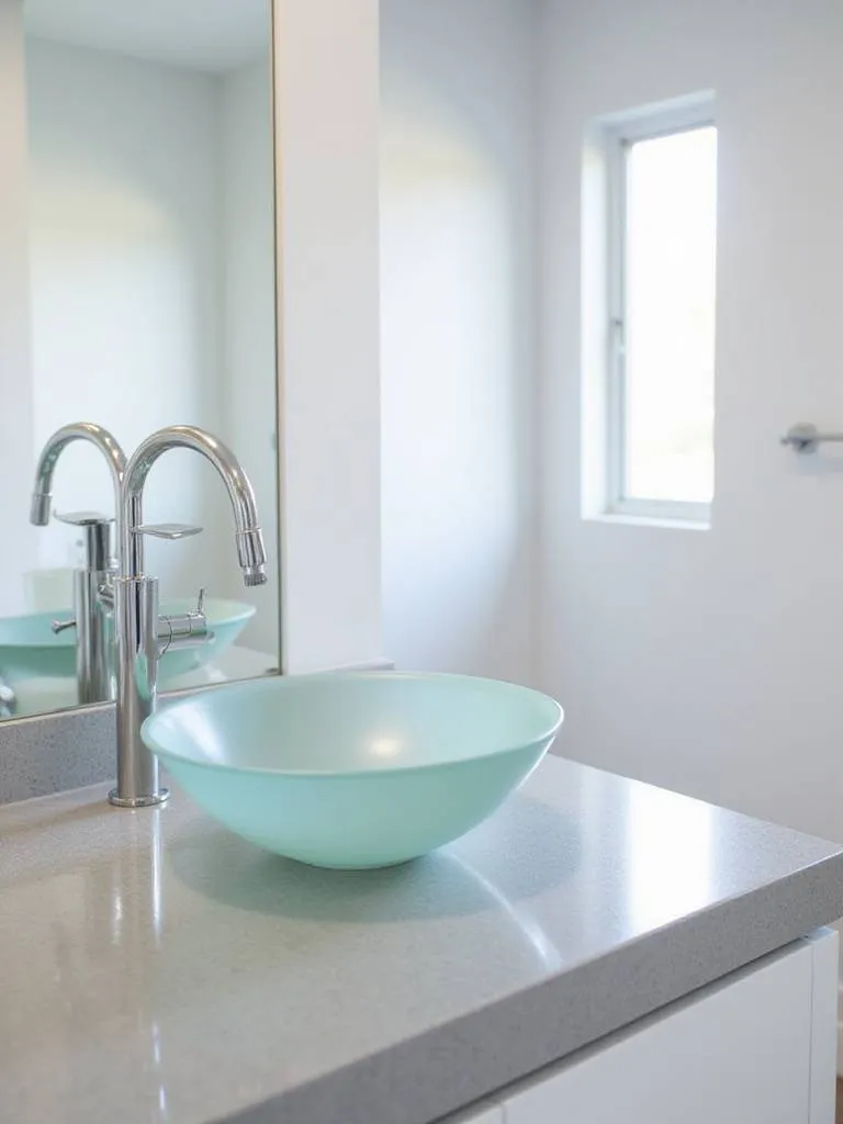 Frosted glass vessel sink on quartz countertop in modern bathroom