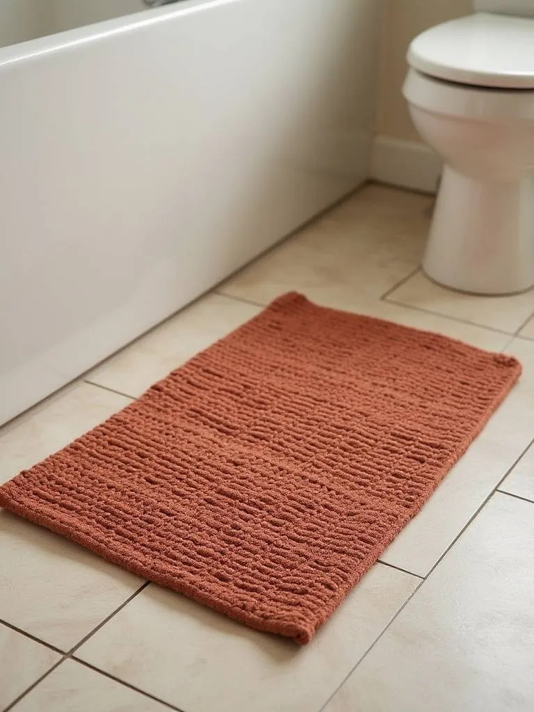A terra cotta colored flatweave cotton bath mat with a subtle geometric pattern on an apartment bathroom floor.