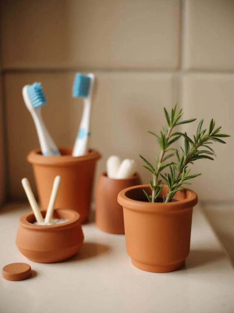 Small terracotta pots on a bathroom countertop, holding toothbrushes, cotton swabs, and a rosemary sprig, adding earthy warmth.