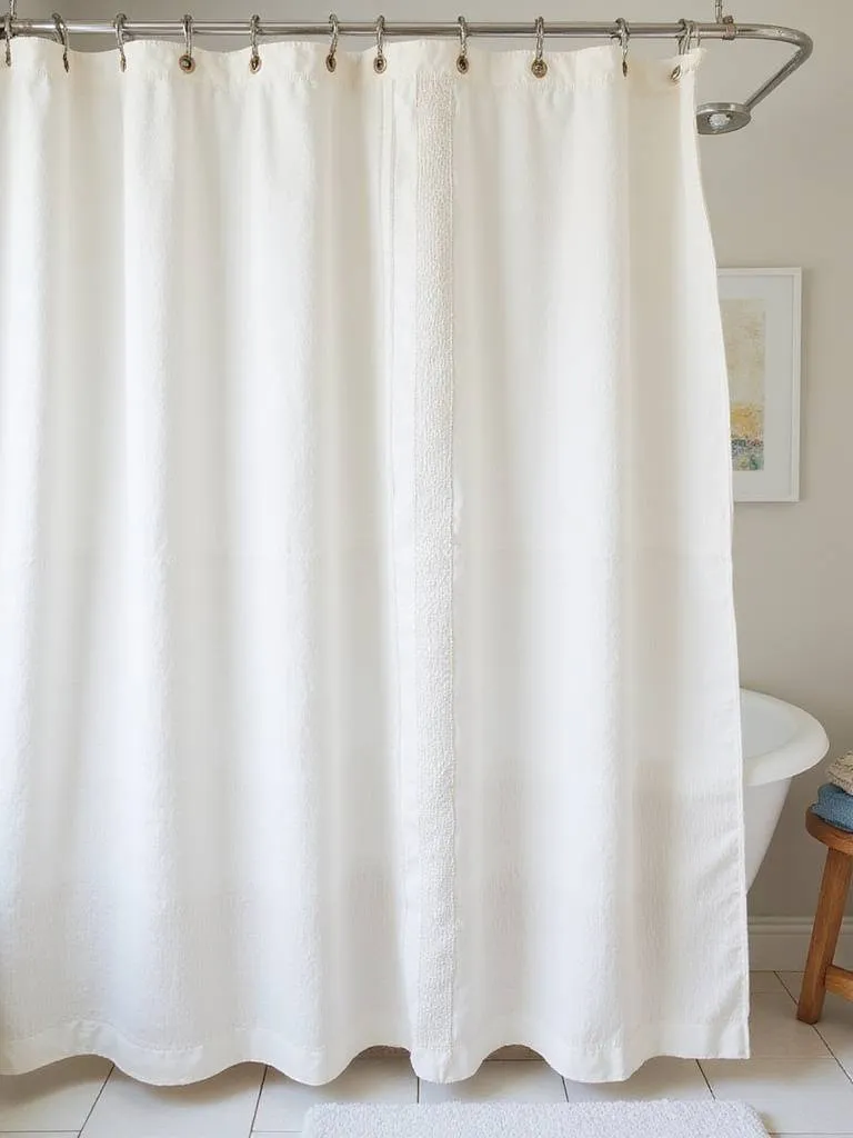 A textured shower curtain in a waffle weave, stripe, or embroidered pattern, made of cotton or linen in a white, cream, or soft blue color.