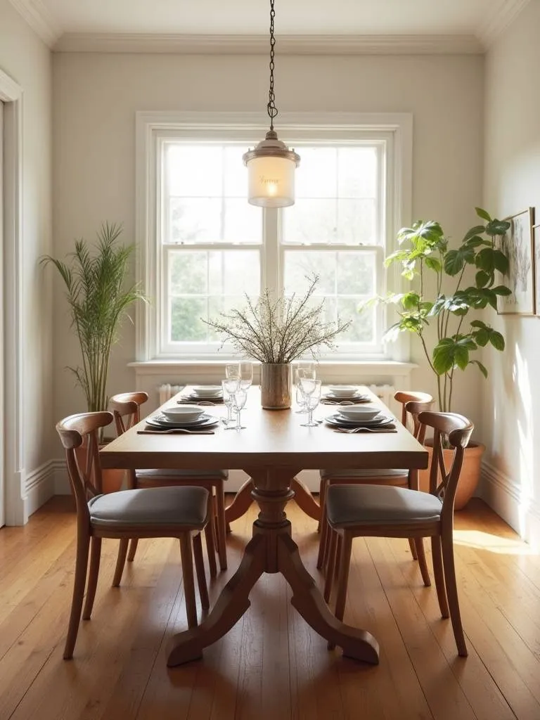 Elegant dining room with a solid wood rectangular dining table