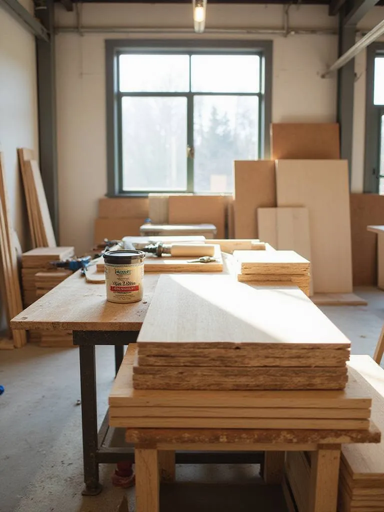 A workshop scene showcasing eco-friendly adhesives used in modern kitchen cabinet construction, featuring wood materials and adhesive containers.