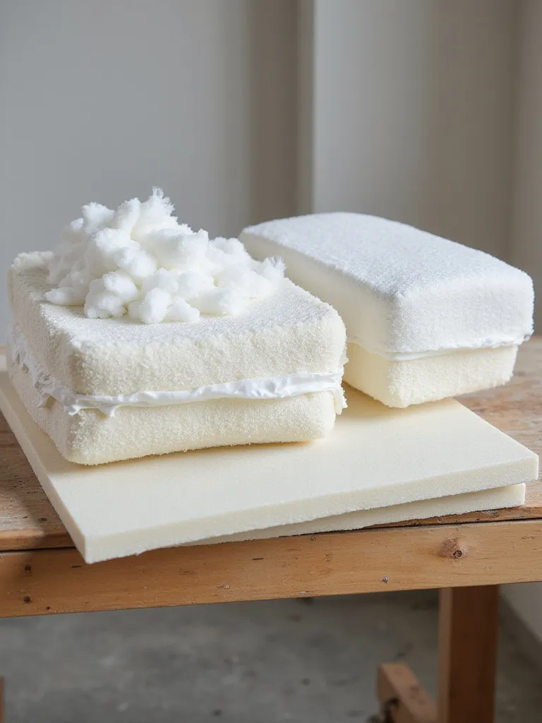 Various materials used inside couch cushions, including high-density foam, fiberfill, and down feathers, displayed on a workbench.