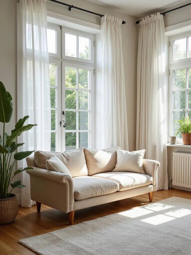 A comfortable, empty living room couch bathed in natural light, ready for a comfort test. The image highlights the texture and potential of the sofa for relaxation and evaluation.