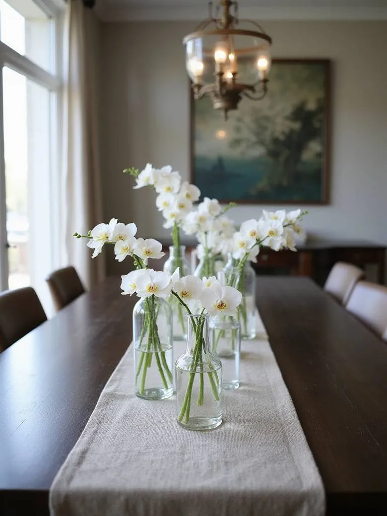 Elegant dining room table centerpiece with clear glass vases and white orchids.