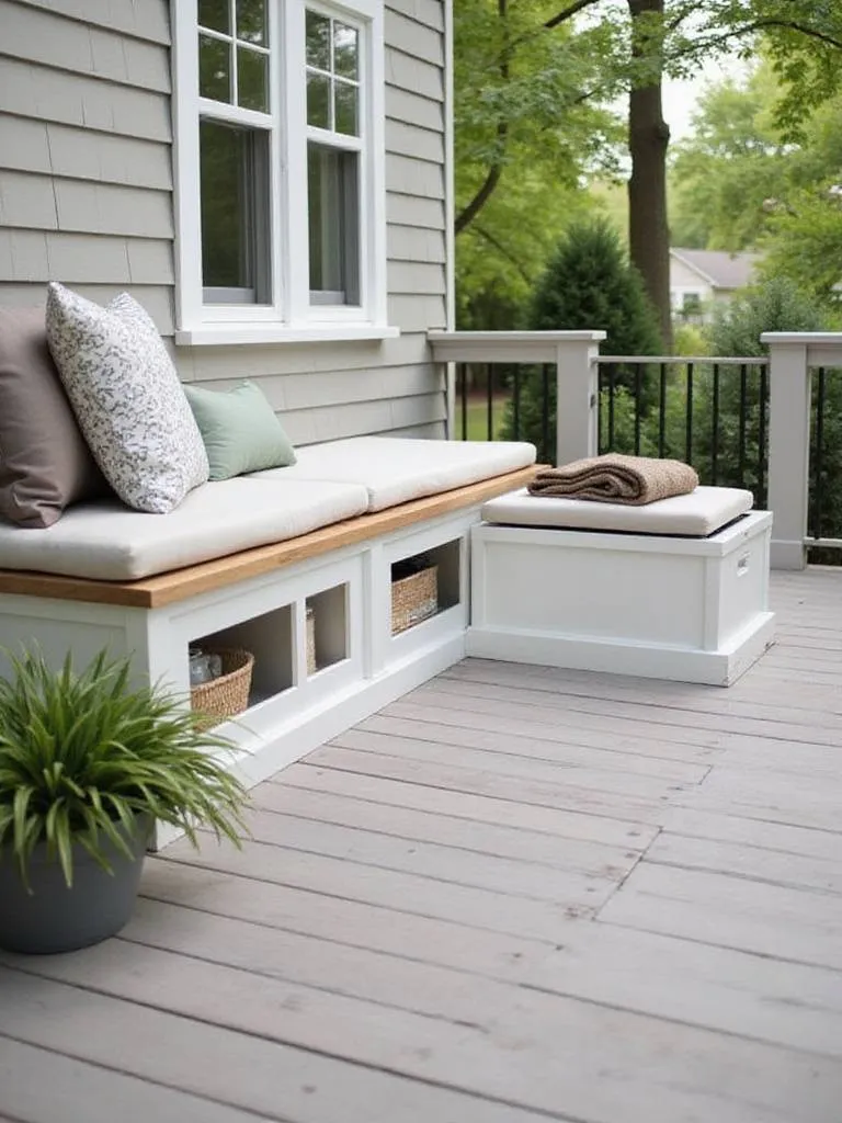Modern deck with built-in storage bench and deck box.