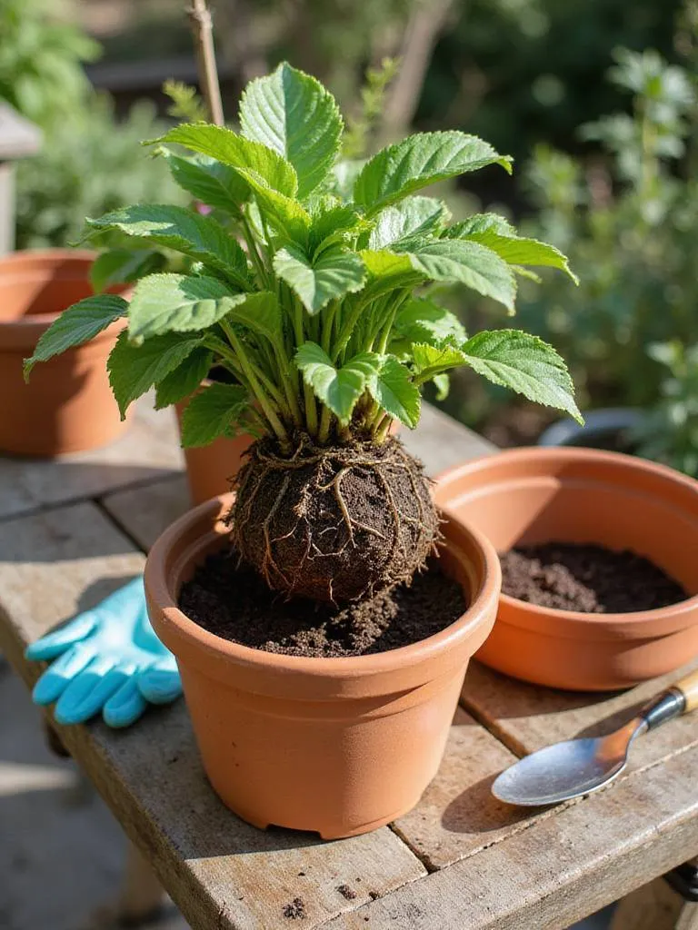 A scene showing a plant being repotted from a terracotta pot to a larger ceramic pot on a patio table, illustrating the process of giving a container plant a new home.