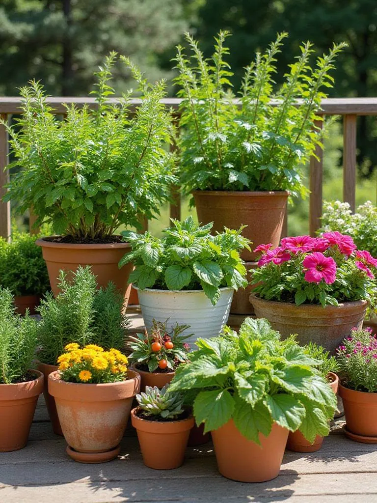 A beautiful collection of diverse herbs, vegetables, and flowers growing vibrantly in various pots on a sunny outdoor patio.