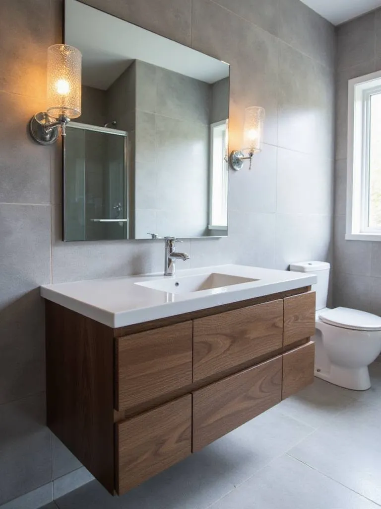 Stylish modern bathroom with a dark wood floating vanity, white quartz countertop, and large mirror.