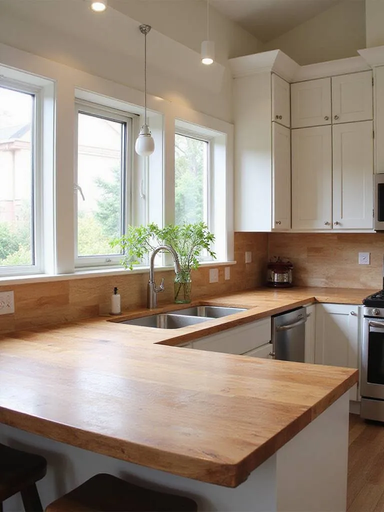 Modern kitchen with butcher block countertops and laminate backsplash, showcasing a DIY-friendly renovation.