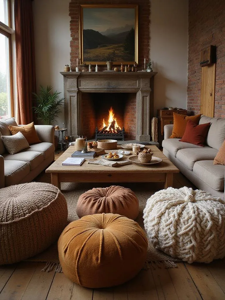 Cozy living room with a mix of sofas, a coffee table, and various floor cushions and poufs arranged for casual seating around the low table and near the fireplace.