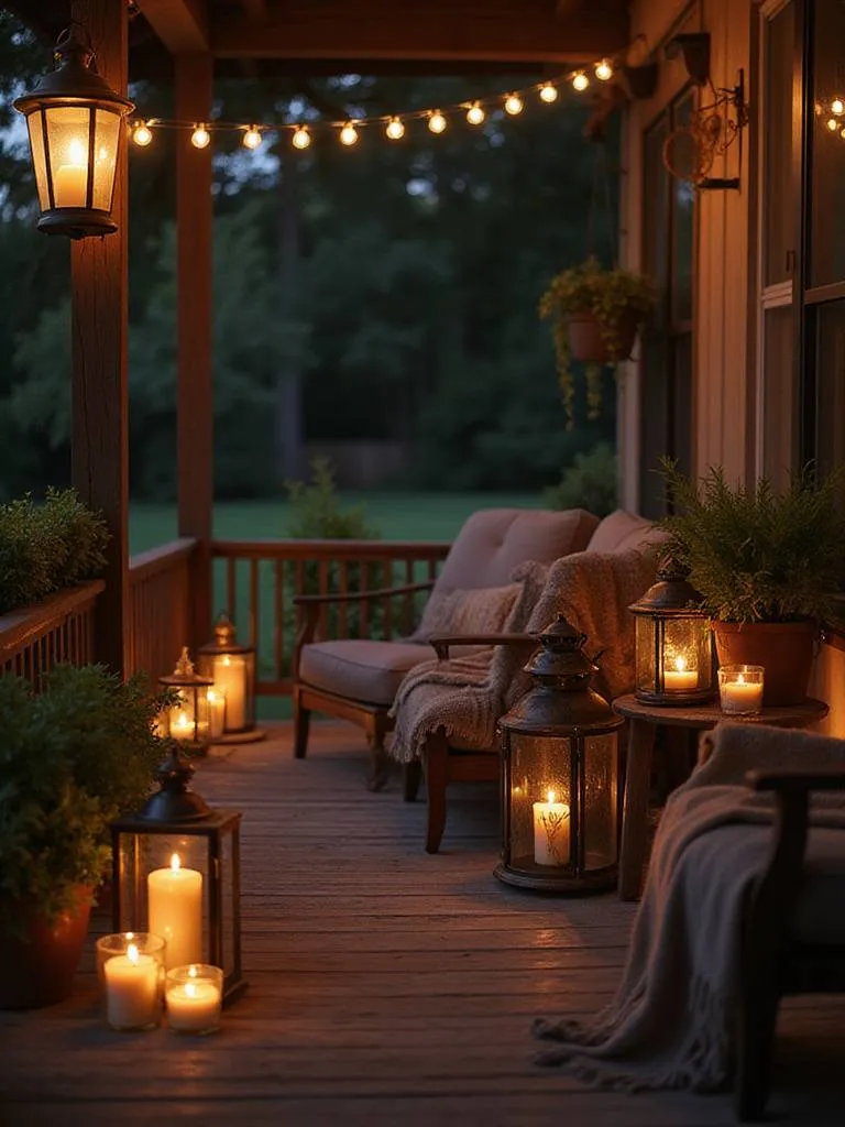 Back porch decorated with lanterns and candles creating a warm and inviting outdoor space.