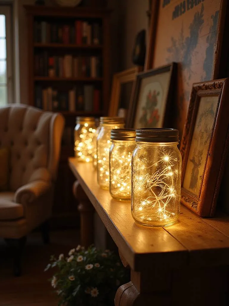 Rustic living room with mason jars as accent lighting