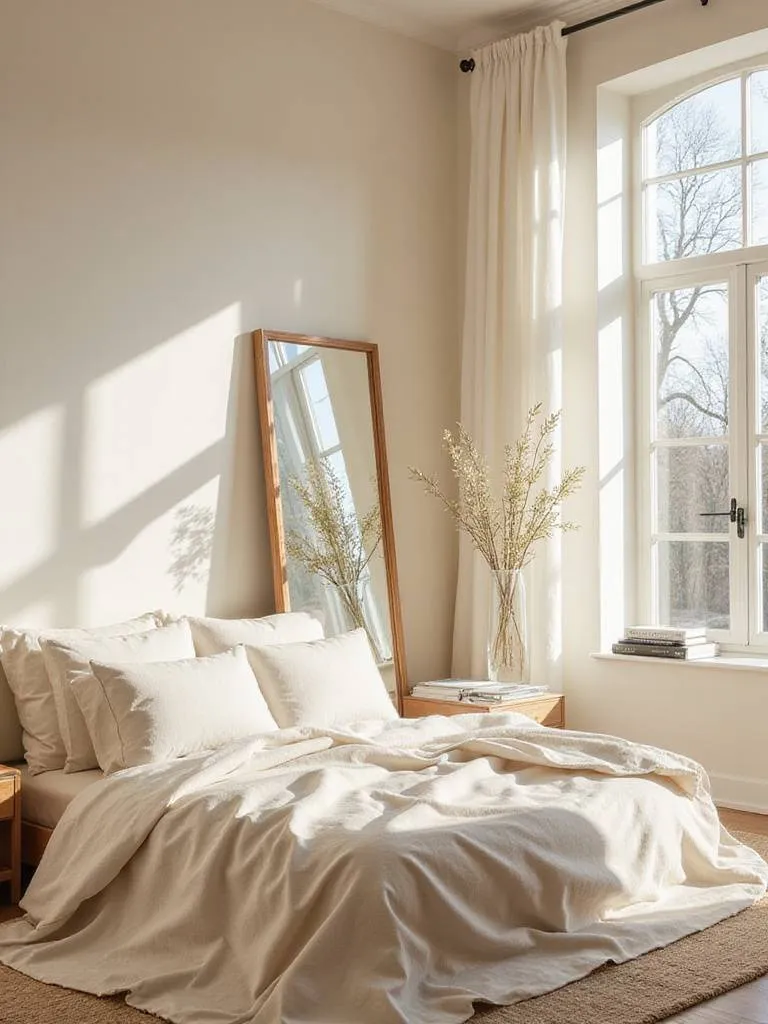 Beige bedroom with large mirror opposite window, enhancing light and making the room feel spacious and serene.