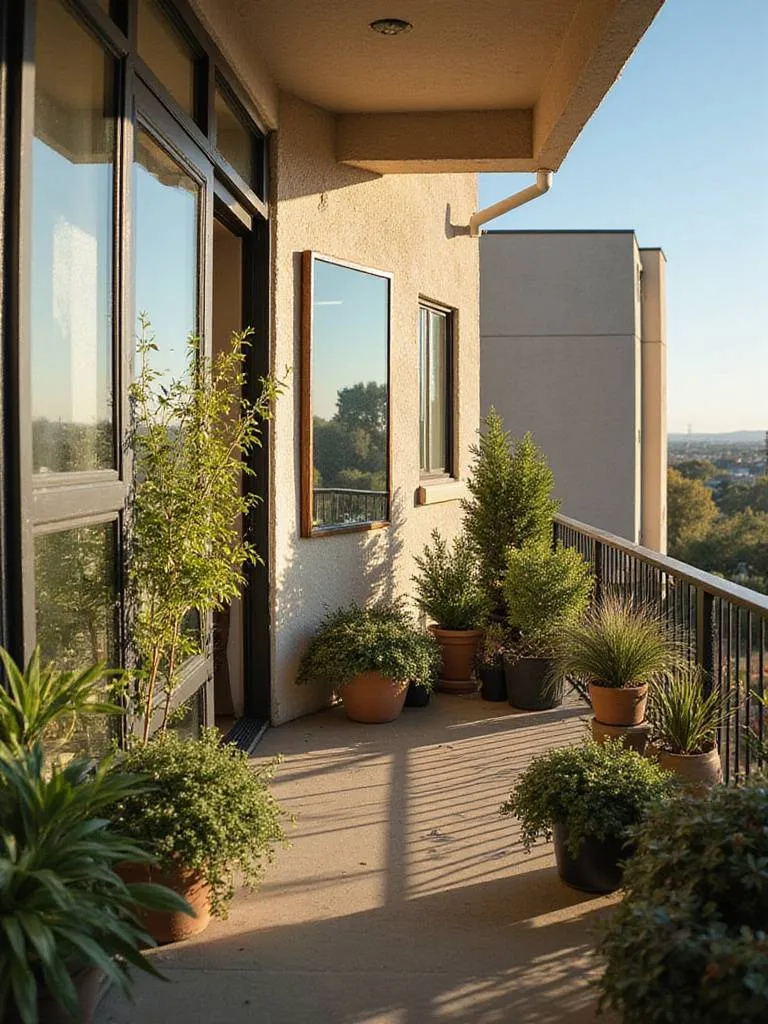 Small balcony design featuring outdoor mirrors reflecting plants and sky to create an illusion of larger space.
