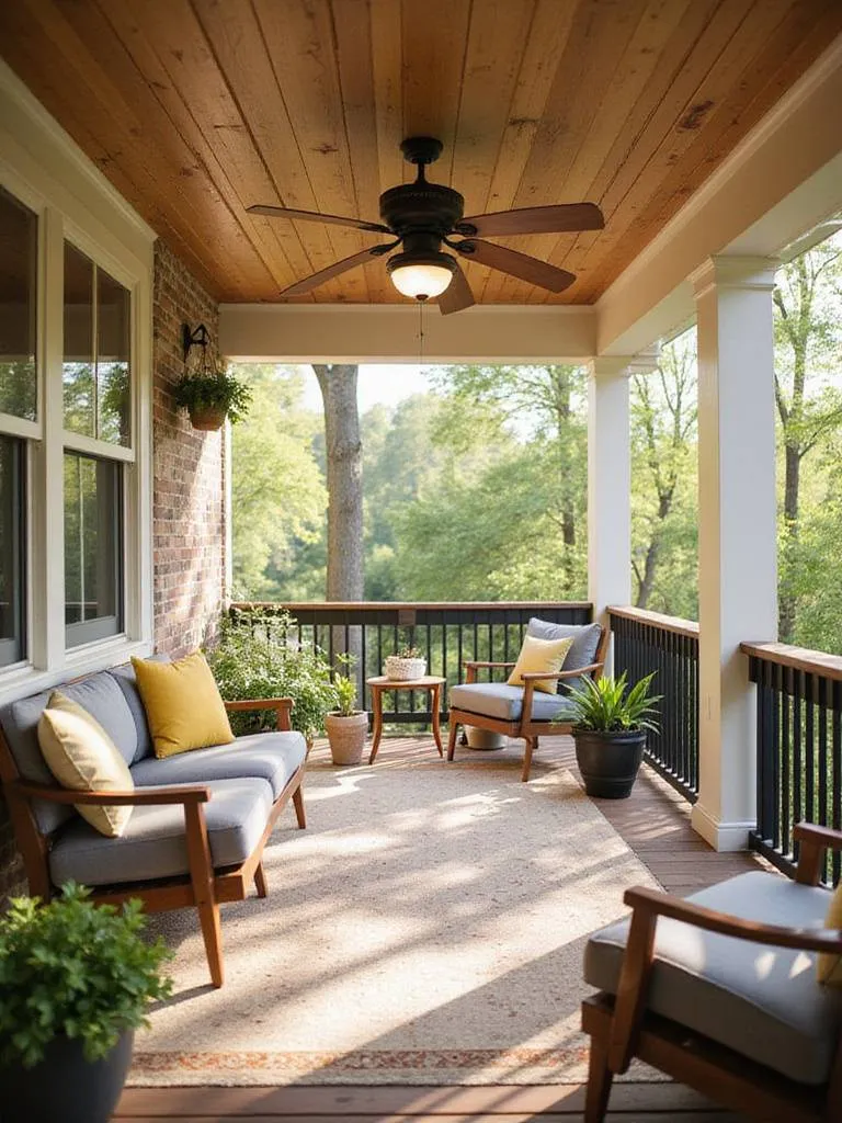 Back porch with comfortable seating and a stylish outdoor ceiling fan for air circulation