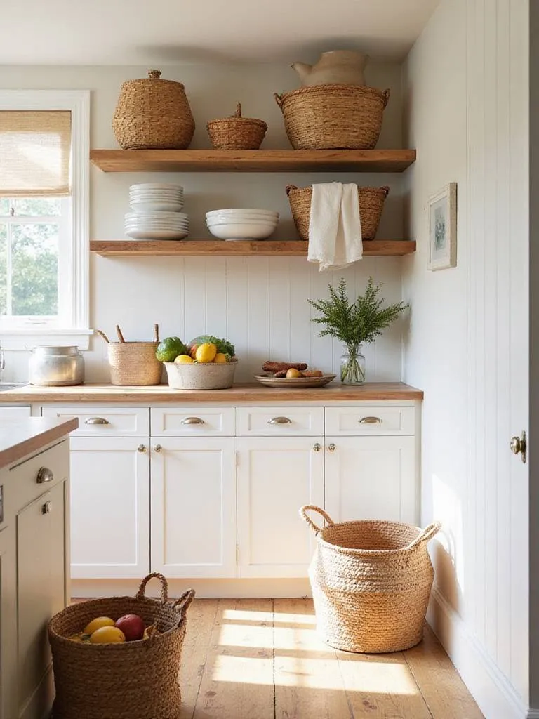 Woven baskets used for stylish storage on open shelves and countertops in a cozy farmhouse kitchen.