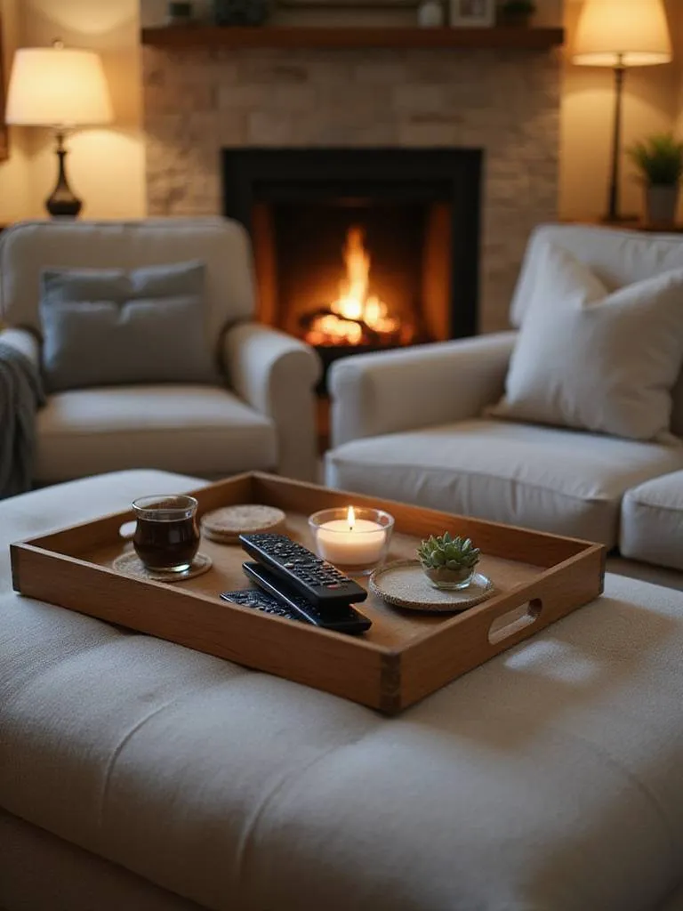 A cozy living room scene featuring a coffee table with a decorative tray holding organized remote controls, coasters, and candles.