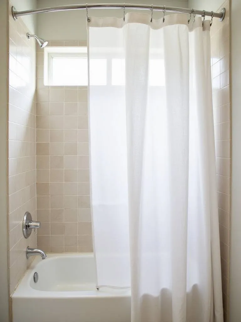 Small bathroom with a white bathtub and a semi-sheer white shower curtain on a curved rod.