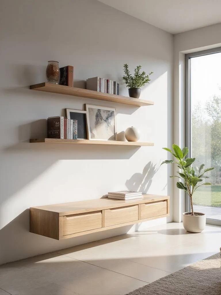 Modern living room wall with light wood floating shelves displaying books, plants, and decor above a minimalist console.