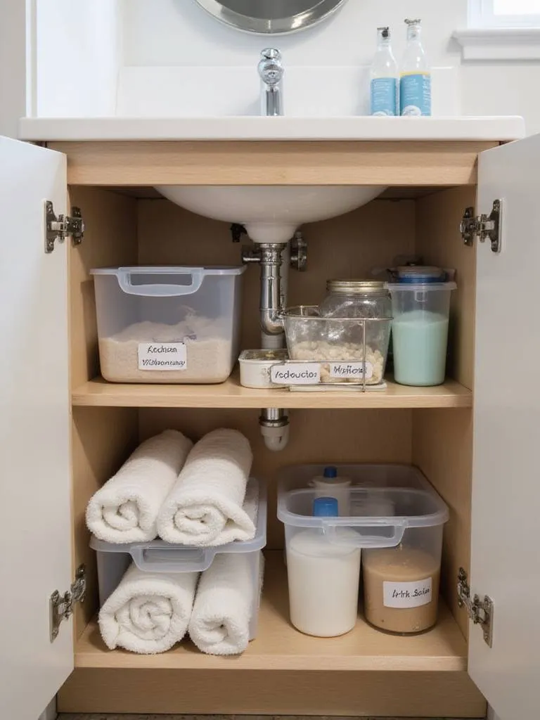 Organized under-sink storage in a small bathroom with pull-out drawers and clear containers.