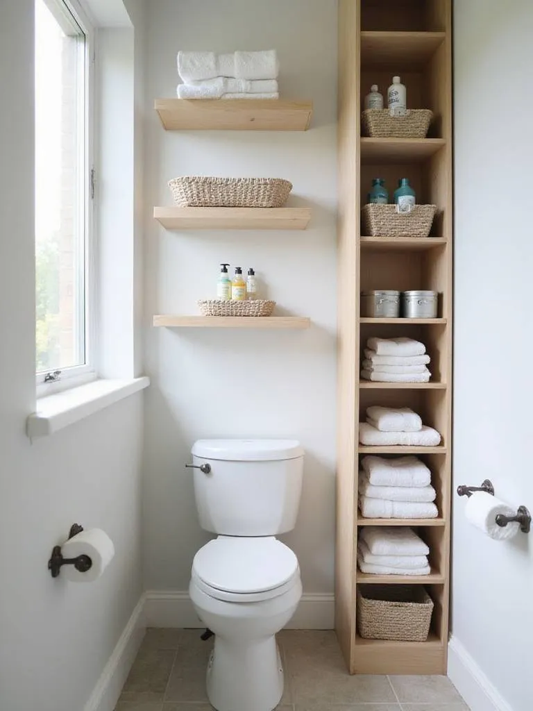 Modern bathroom showing effective vertical storage with floating shelves above a toilet and a tall linen tower, maximizing space and organization.