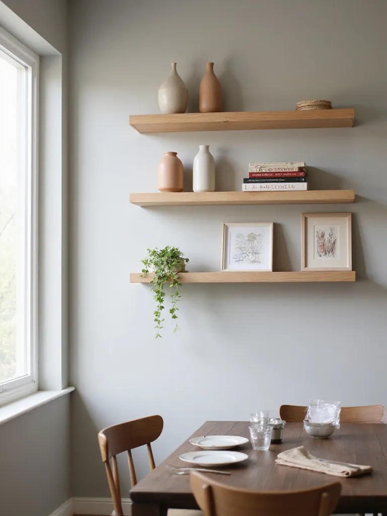 Dining room with light wood floating shelves displaying decorative items.
