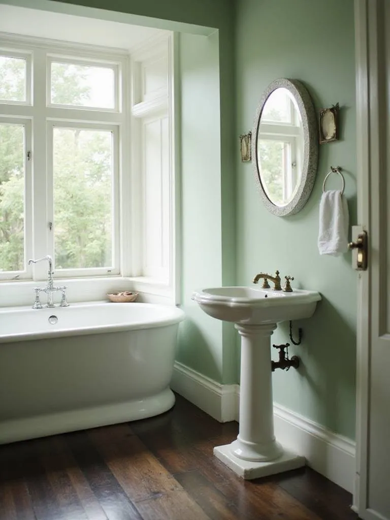 Antique pedestal sink in bright bathroom.