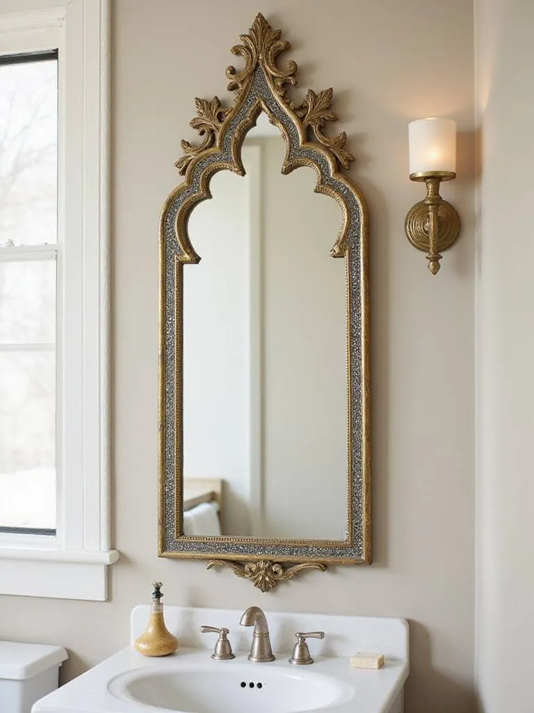A vintage-inspired mirror with an ornate aged brass frame or mosaic details, scaled for an apartment bathroom.