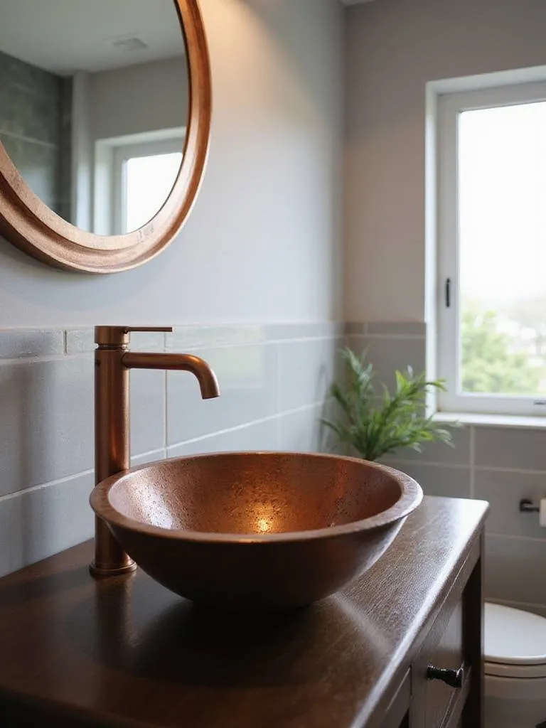 Modern bathroom with a hammered copper vessel sink and dark wood vanity.