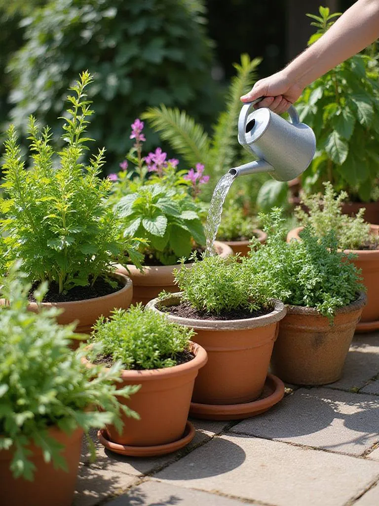A collection of thriving container plants on a patio, being watered from a watering can, illustrating proper watering techniques for container gardens.