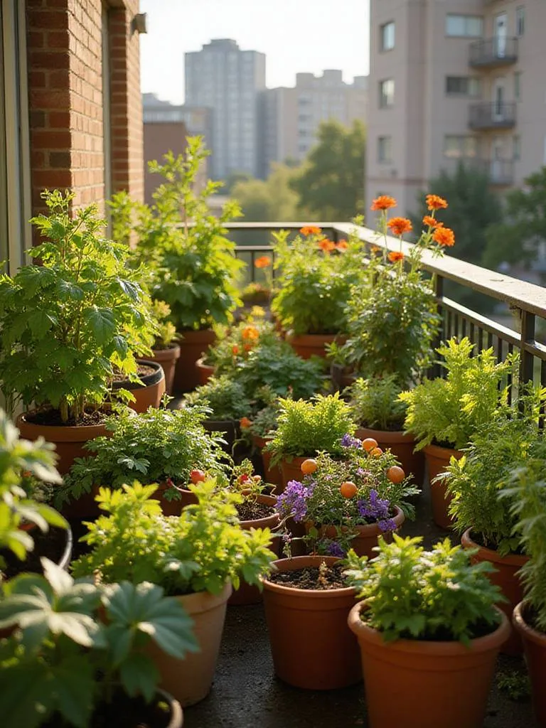 A variety of plants growing in pots on a sunny urban balcony, showcasing a thriving container garden with flowers, herbs, and vegetables.