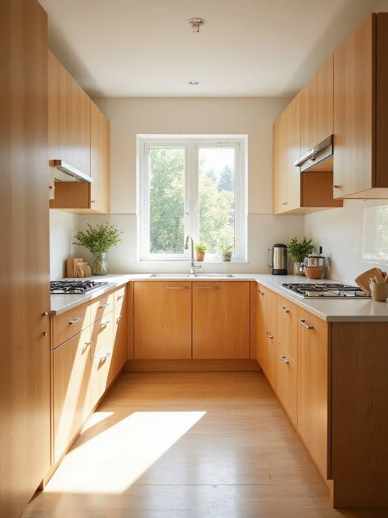 Modern kitchen cabinets made from natural, low-VOC wood, bathed in sunlight, representing healthy and sustainable choices.