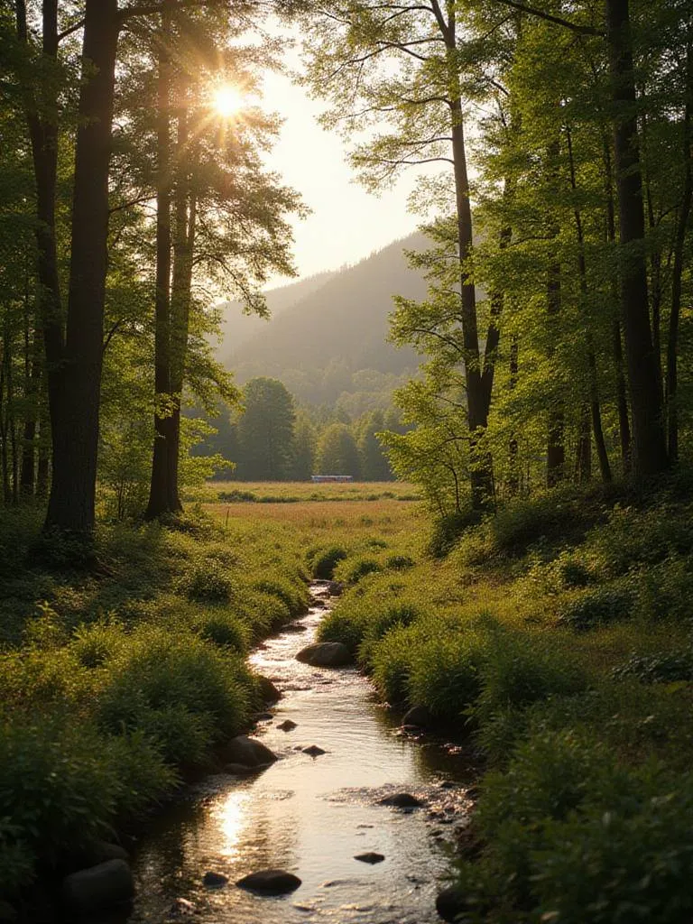 A serene image of a healthy, sun-dappled forest with a stream, representing sustainable wood sourcing for kitchen cabinets.