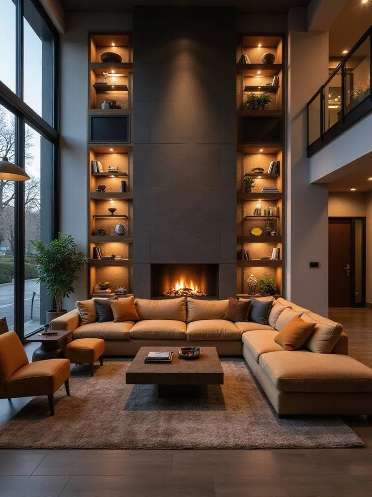 A modern living room with a large sectional sofa as the central focal point, arranged around a fireplace.