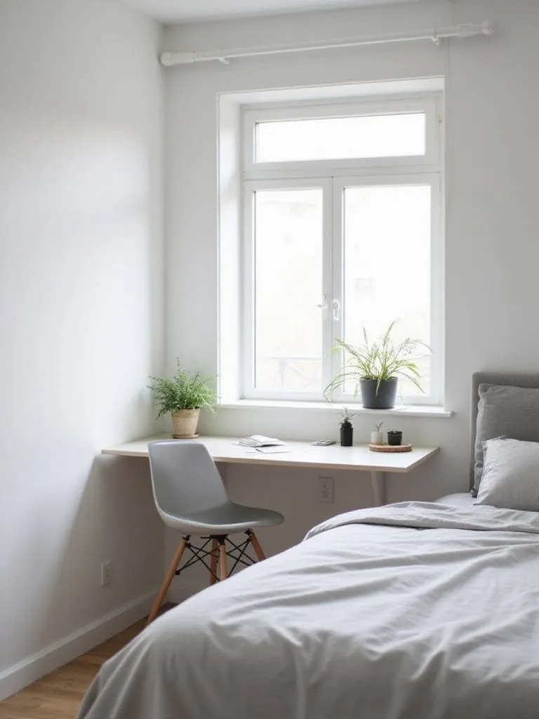 Modern bedroom with a seamlessly integrated floating desk workspace.