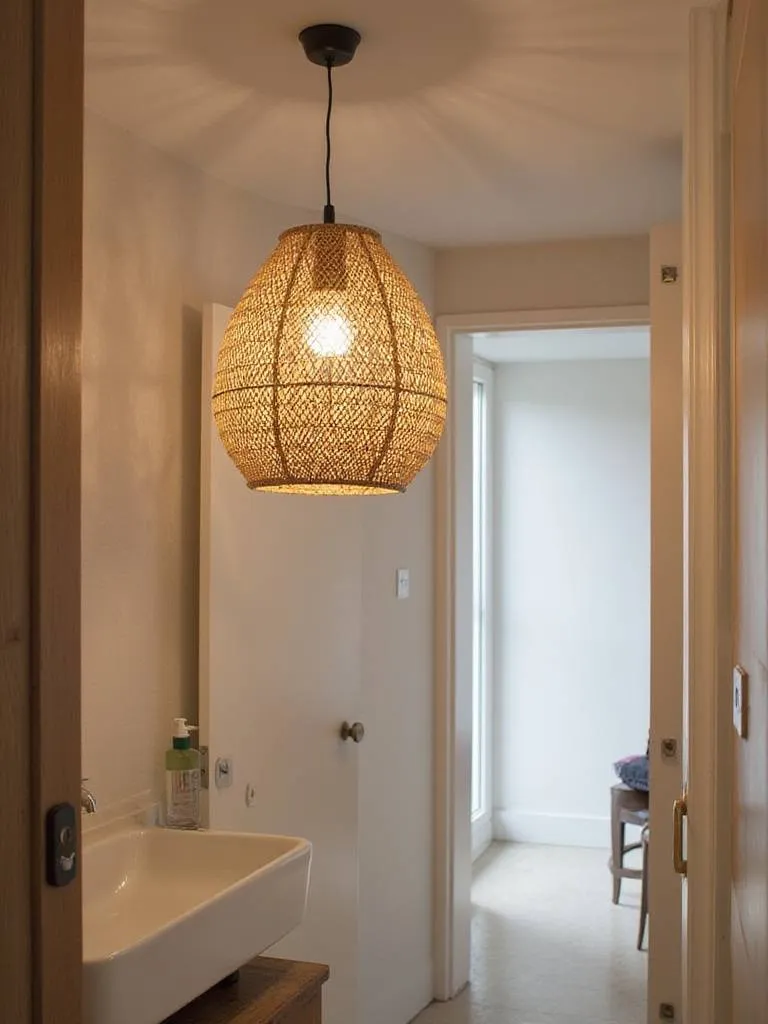A woven pendant light fixture made of rattan, seagrass, or water hyacinth, hanging in an apartment bathroom and providing warm, diffused light.