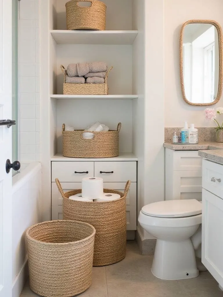 Woven storage baskets in an apartment bathroom, used for storing towels, toilet paper, and toiletries, adding natural texture.