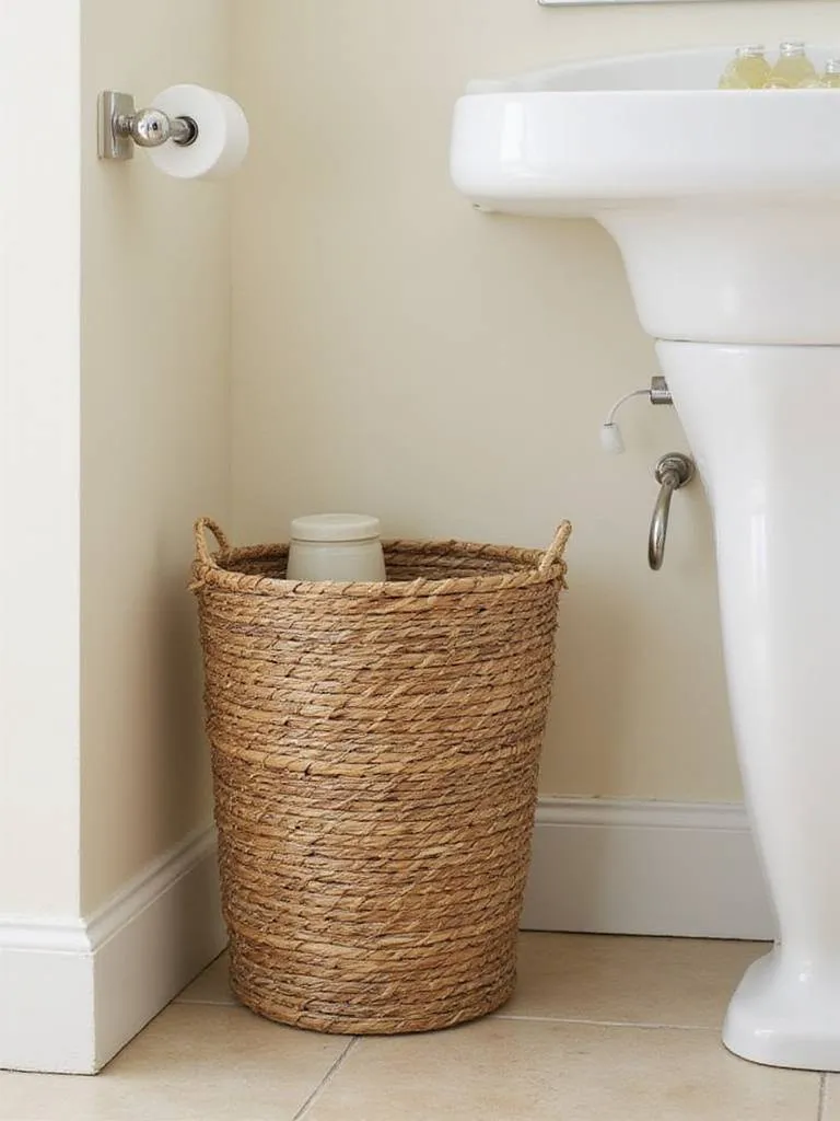 A hand-woven wastebasket made from natural materials like water hyacinth or seagrass, adding texture and Mediterranean character to a bathroom.