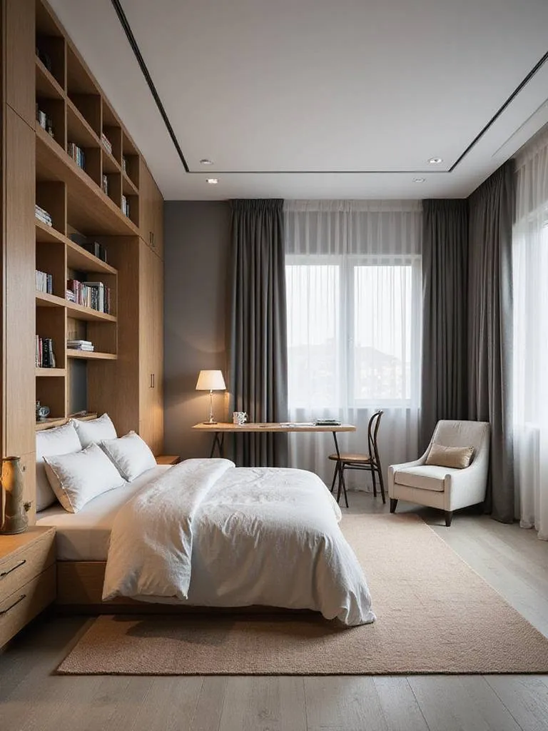 Bedroom furniture creating separate zones for sleeping, reading, and working.