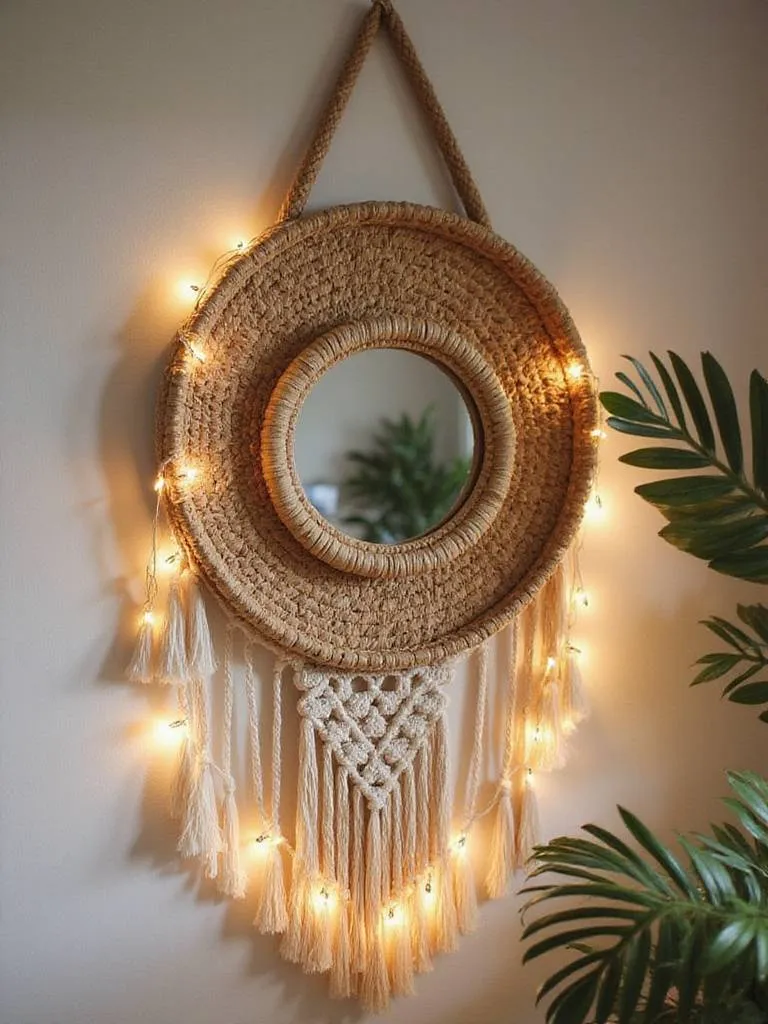 Layered boho wall decor arrangement featuring a rattan mirror and macrame hanging