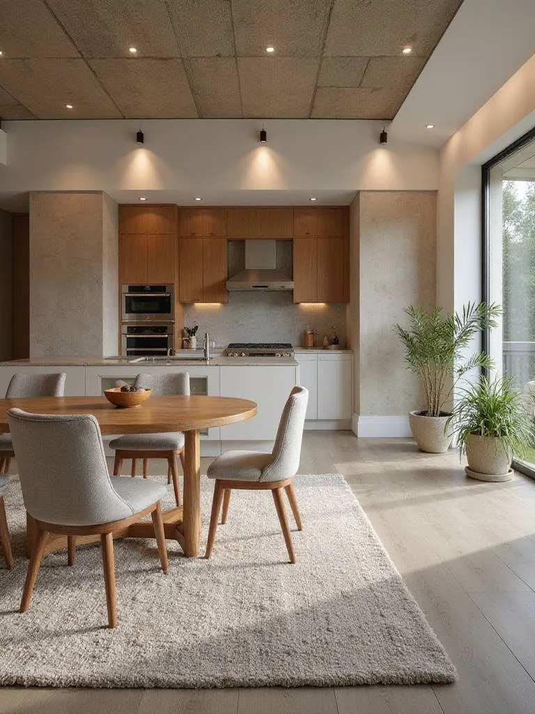 Contemporary kitchen designed to enhance acoustics with rugs, upholstered furniture, and acoustic panels.
