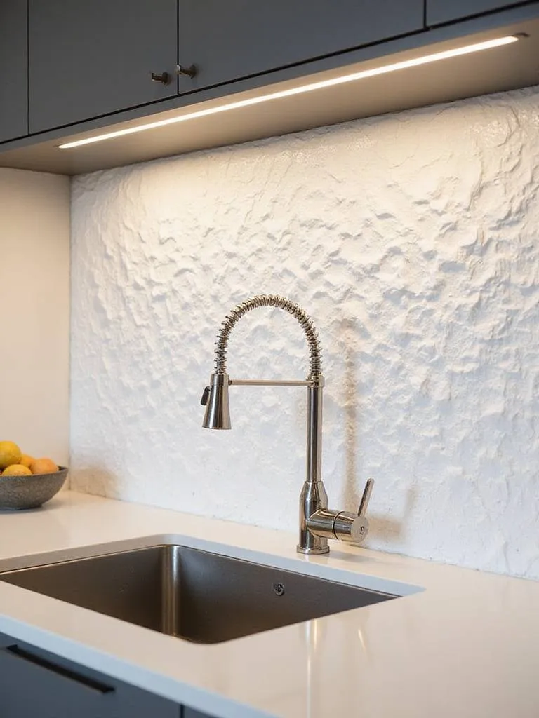 Modern kitchen with textured 3D backsplash tiles behind a stainless steel sink.