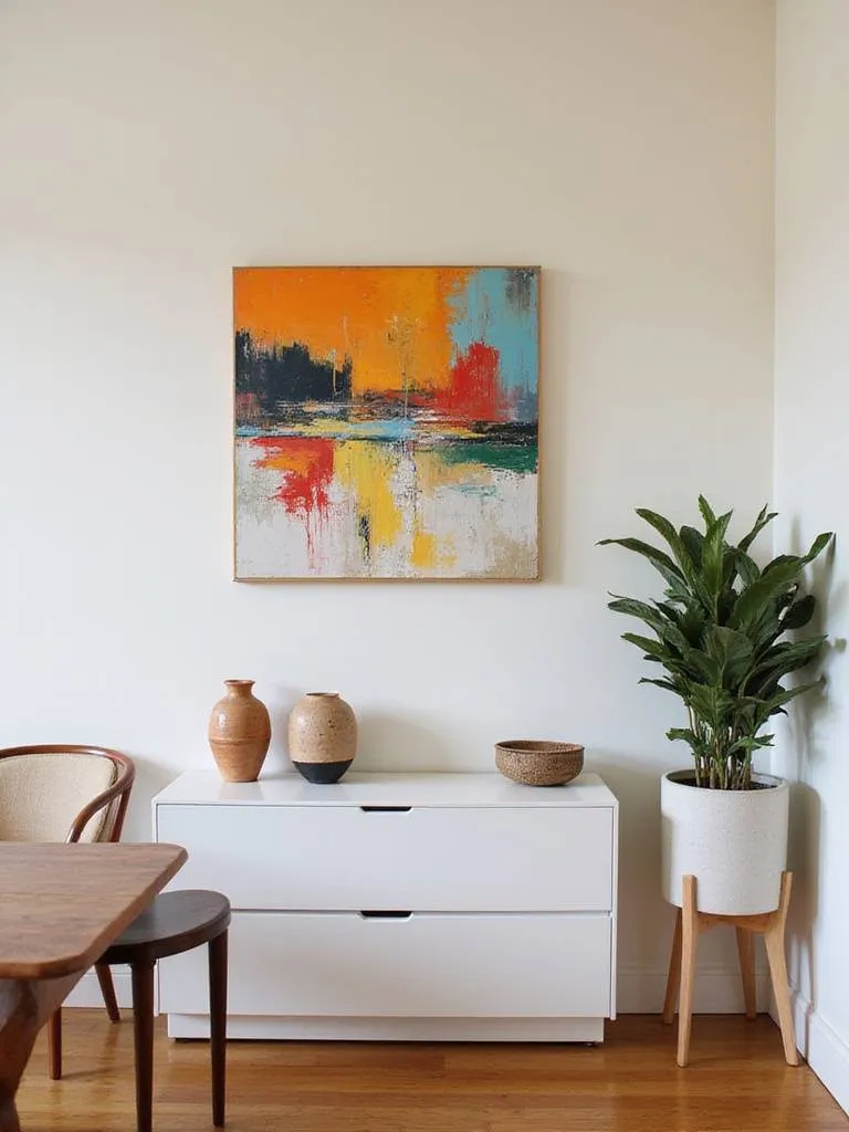 Contemporary dining room with personalized touches, featuring a large abstract painting and curated ceramic vessels