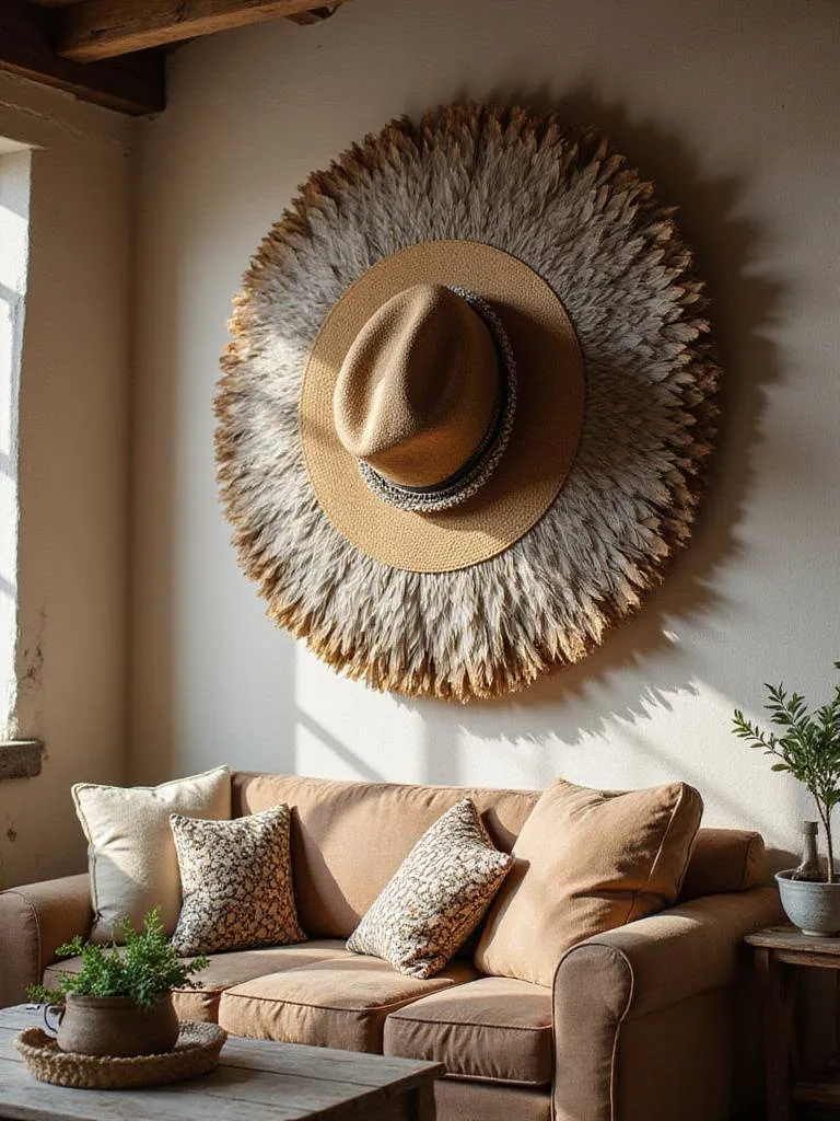 A beautifully arranged boho living room featuring an oversized Juju hat display above a rustic sofa.
